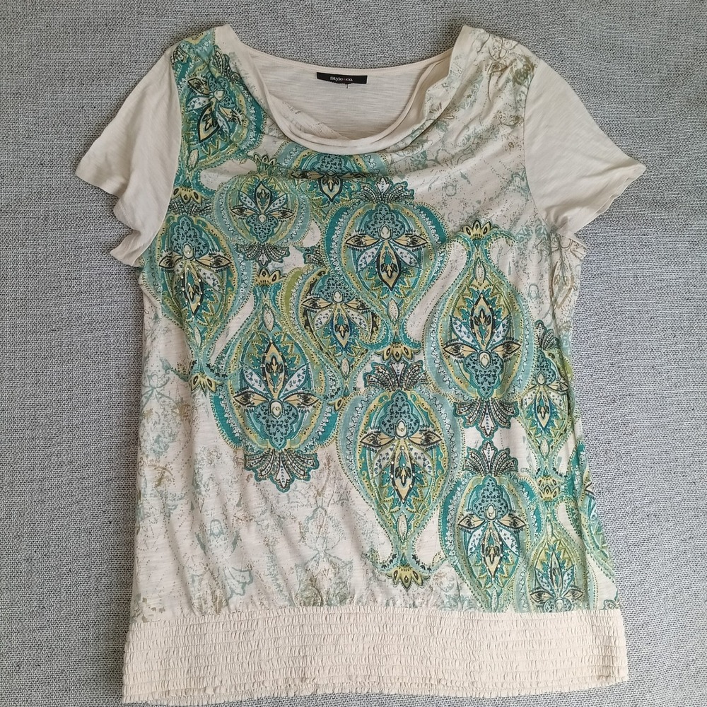 Style & Co Paisley Blouse Womens Large Cream Teal Good Cowl Neck Smocked Hem